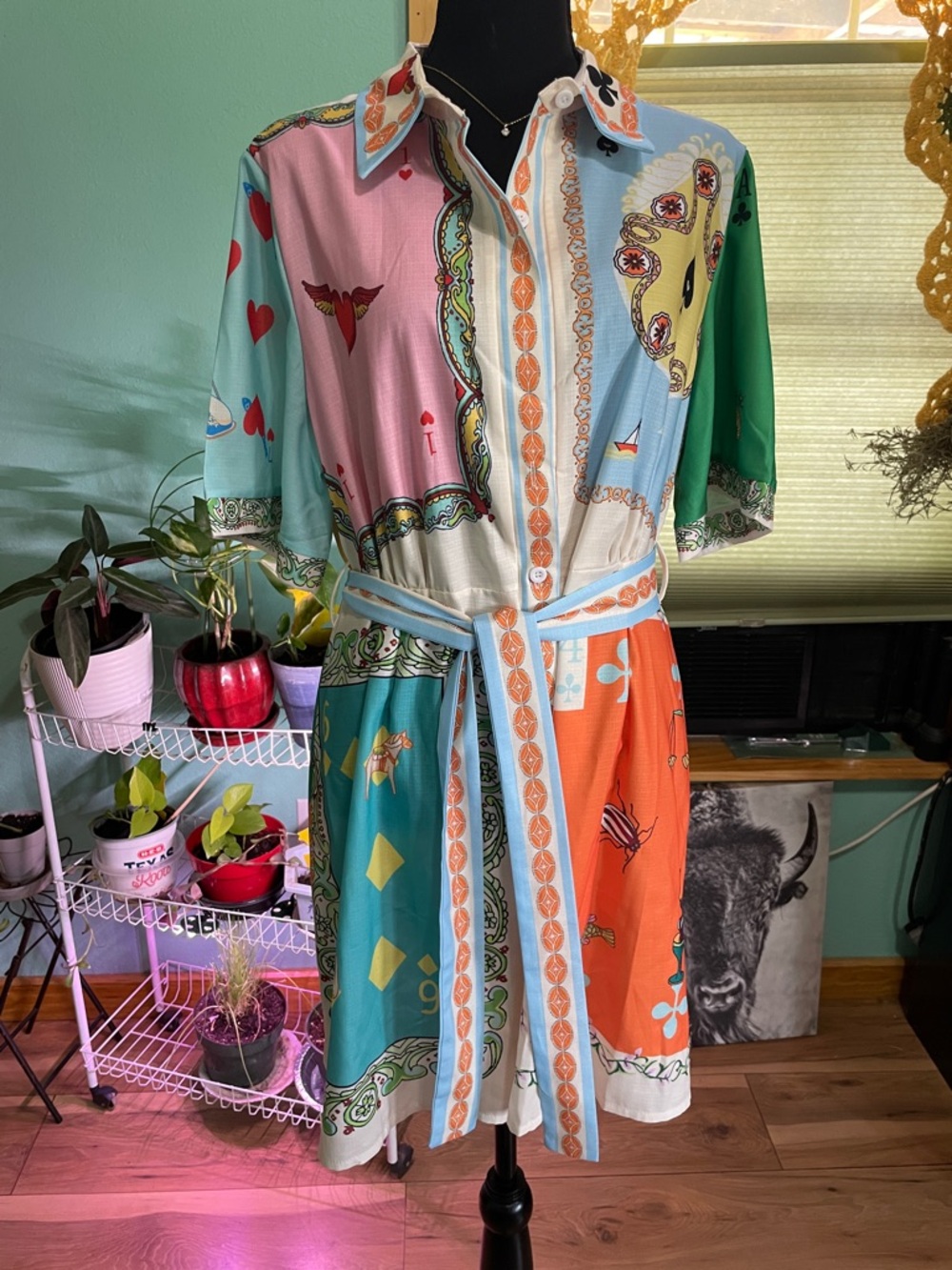 Dolce & Gabbana Multicolor Patchwork Shirt Dress in Pink, Teal, Orange and Green